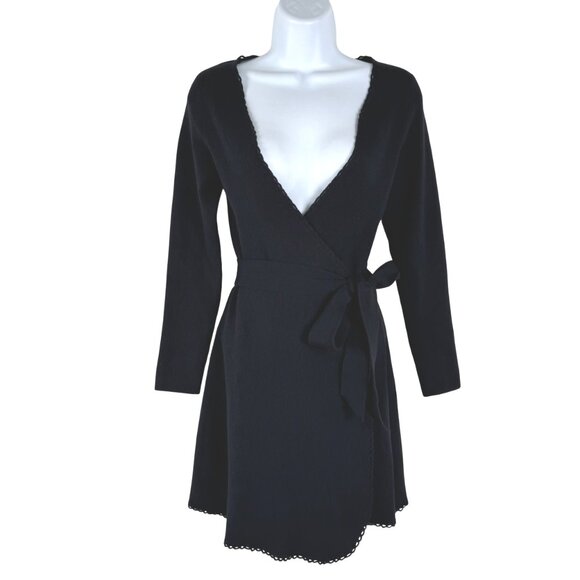 Sezane Tina Wrap Dress Large Black Merino Wool Blend Ribbed V-Neck DR-1807 - Picture 3 of 9